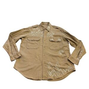 Polo Ralph Lauren Tan Beaded Southwestern Cotton Twill Utility Shirt‎ Womens XL